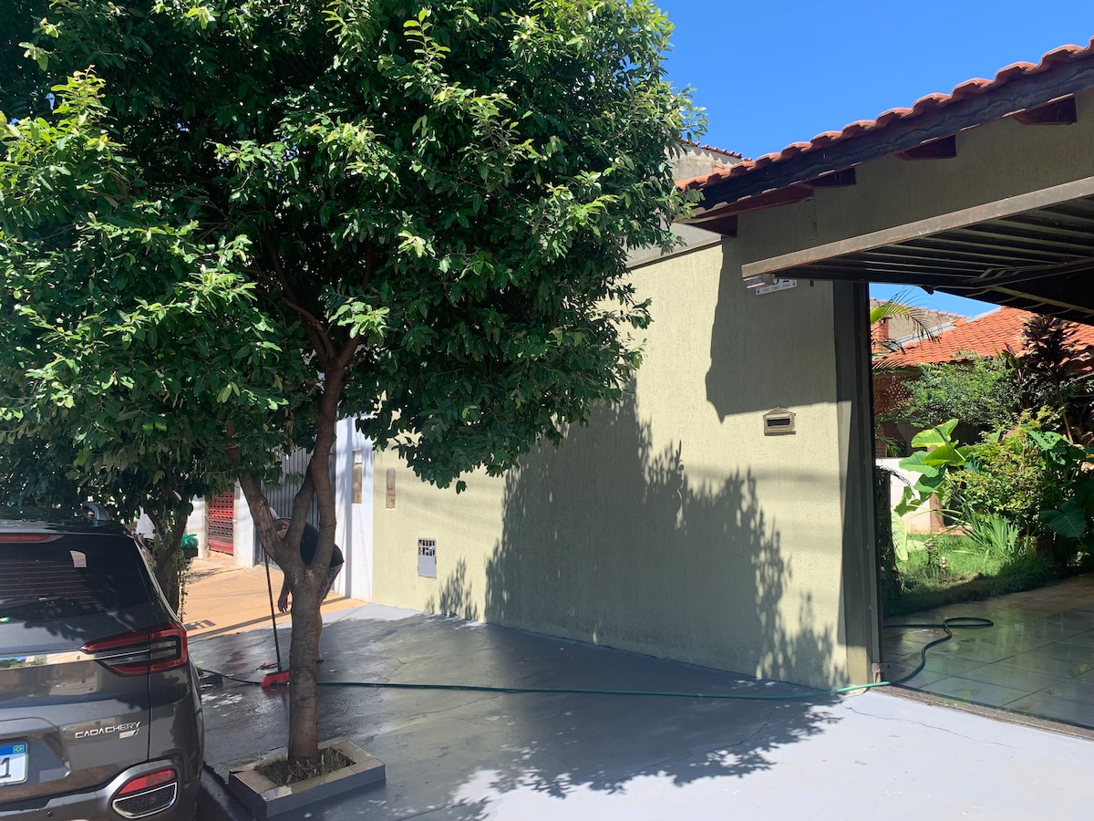 A well-maintained outdoor area features a lush green tree providing shade beside a parked vehicle. The wall of the house, painted in a soft color, extends alongside a spacious driveway, leading to an open garage space with direct sunlight illuminating the scene.