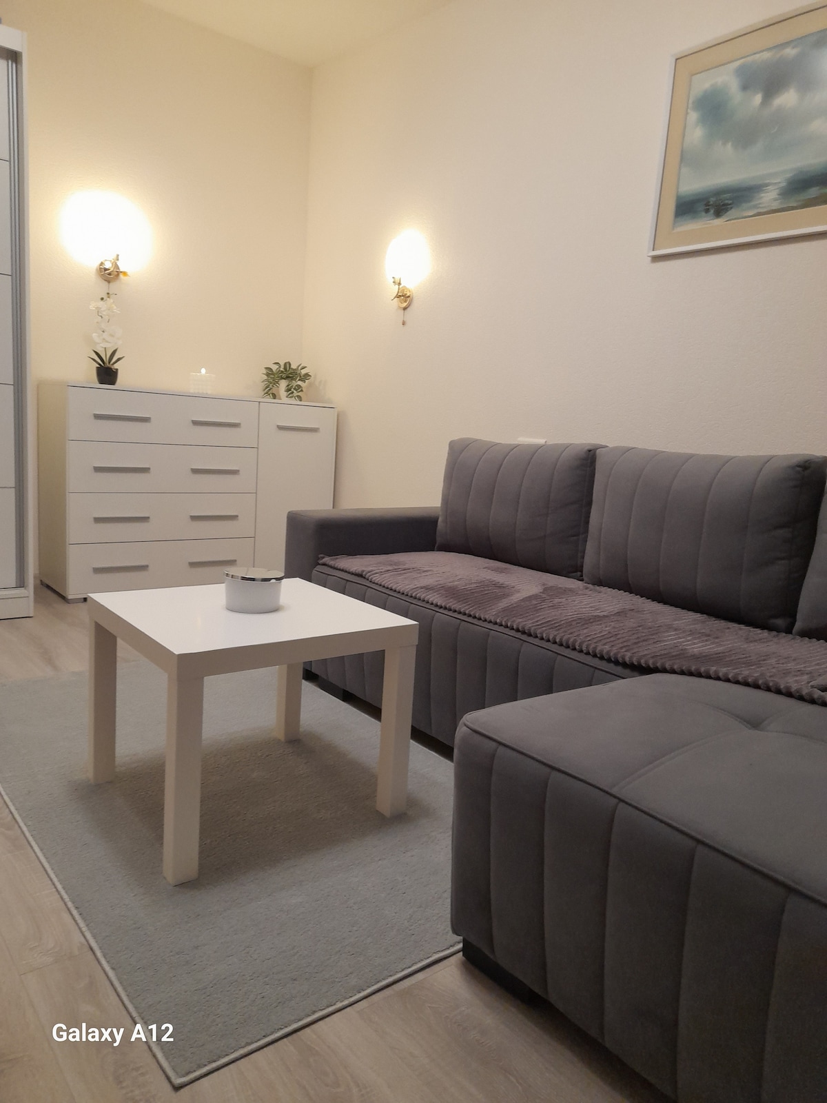 A living area features a gray sectional sofa and a white coffee table placed on a light rug. A dresser with multiple drawers stands against the wall, while soft lighting is provided by wall sconces. A small potted plant is situated on the table.
