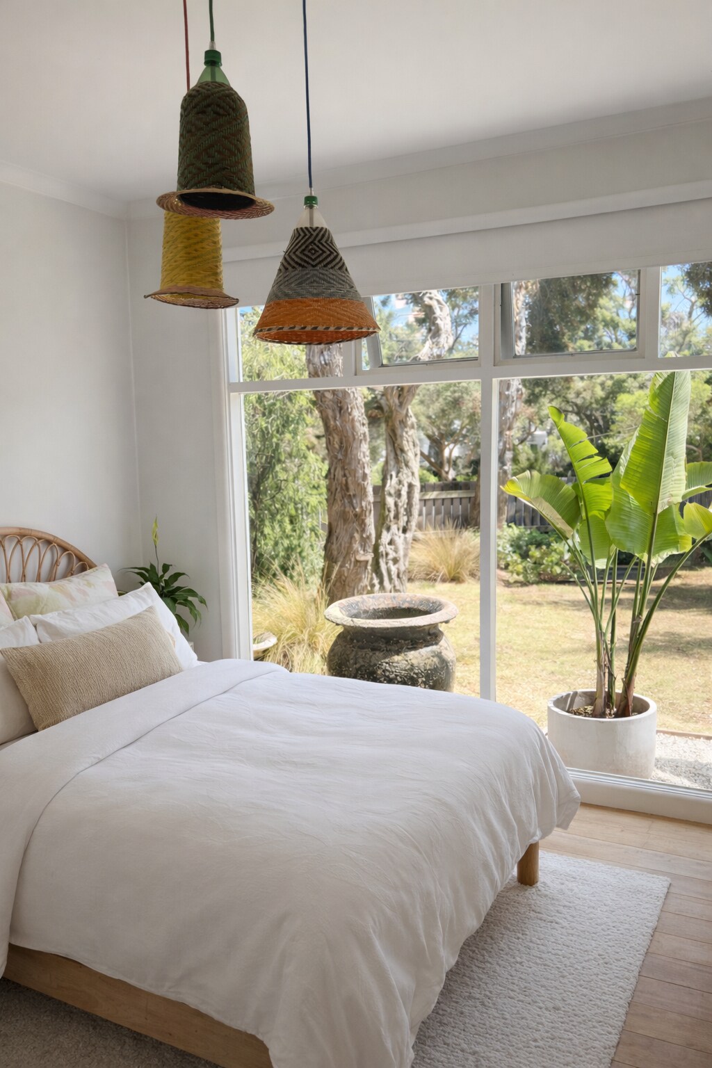 تحتوي غرفة النوم الرابعة على سرير مزدوج مريح وإطلالة جميلة على الحديقة. مليئة بالضوء الطبيعي ومصممة ببياضات ناعمة وملمس دافئ، إنها مساحة هادئة للاسترخاء والاستيقاظ على مناظر خضراء.