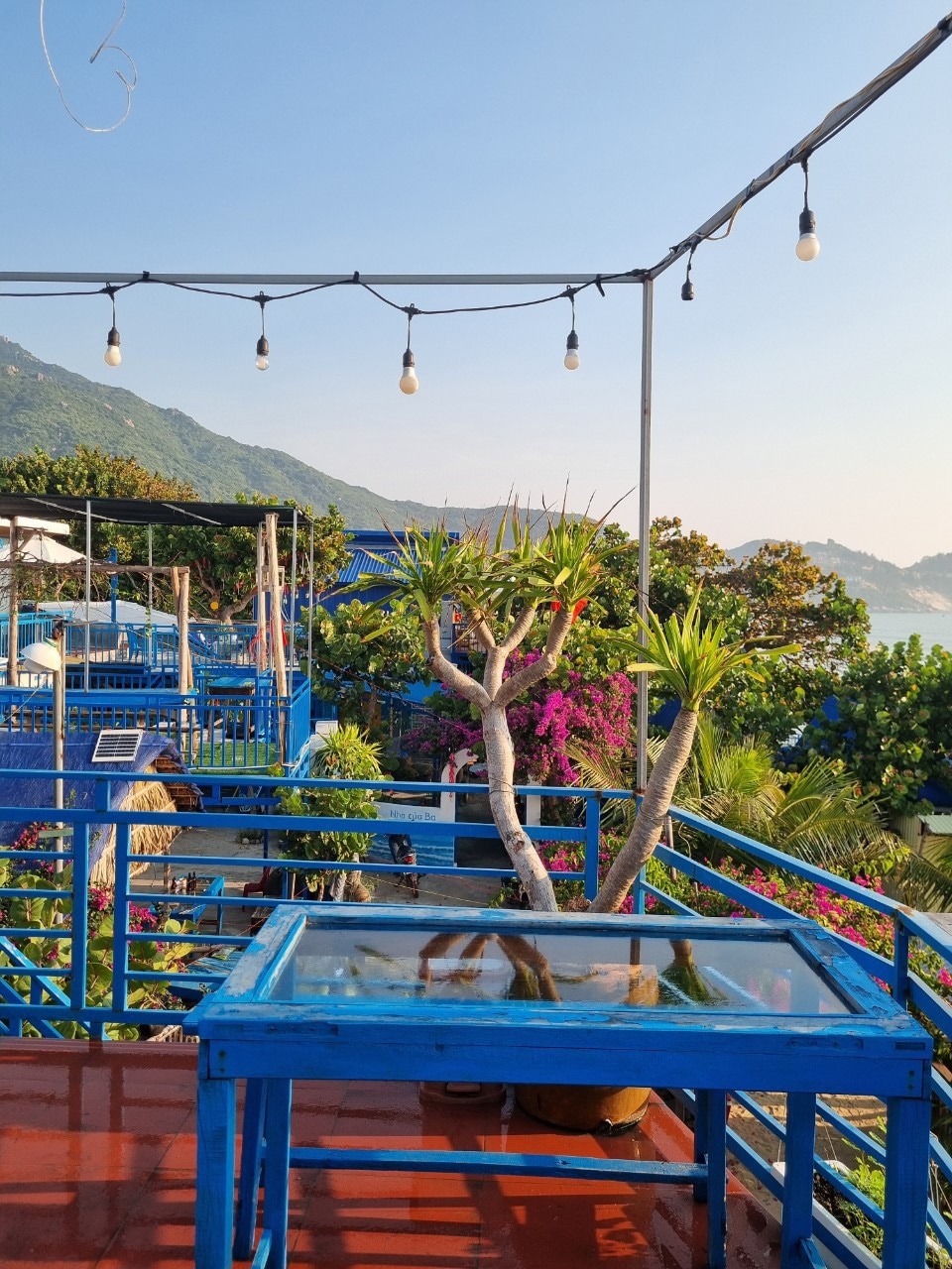 An outdoor terrace is presented with vibrant blue railings and various potted plants. String lights hang overhead, creating a lively atmosphere. Mountains and greenery are visible in the background, and colorful flowers add a touch of nature to the scene.