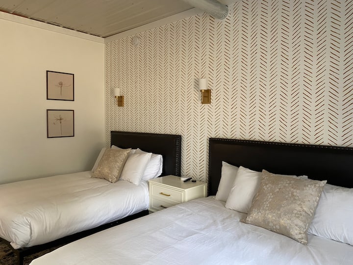 Gold room-1 king bed, 1 double bed, Roku TV and full length mirror