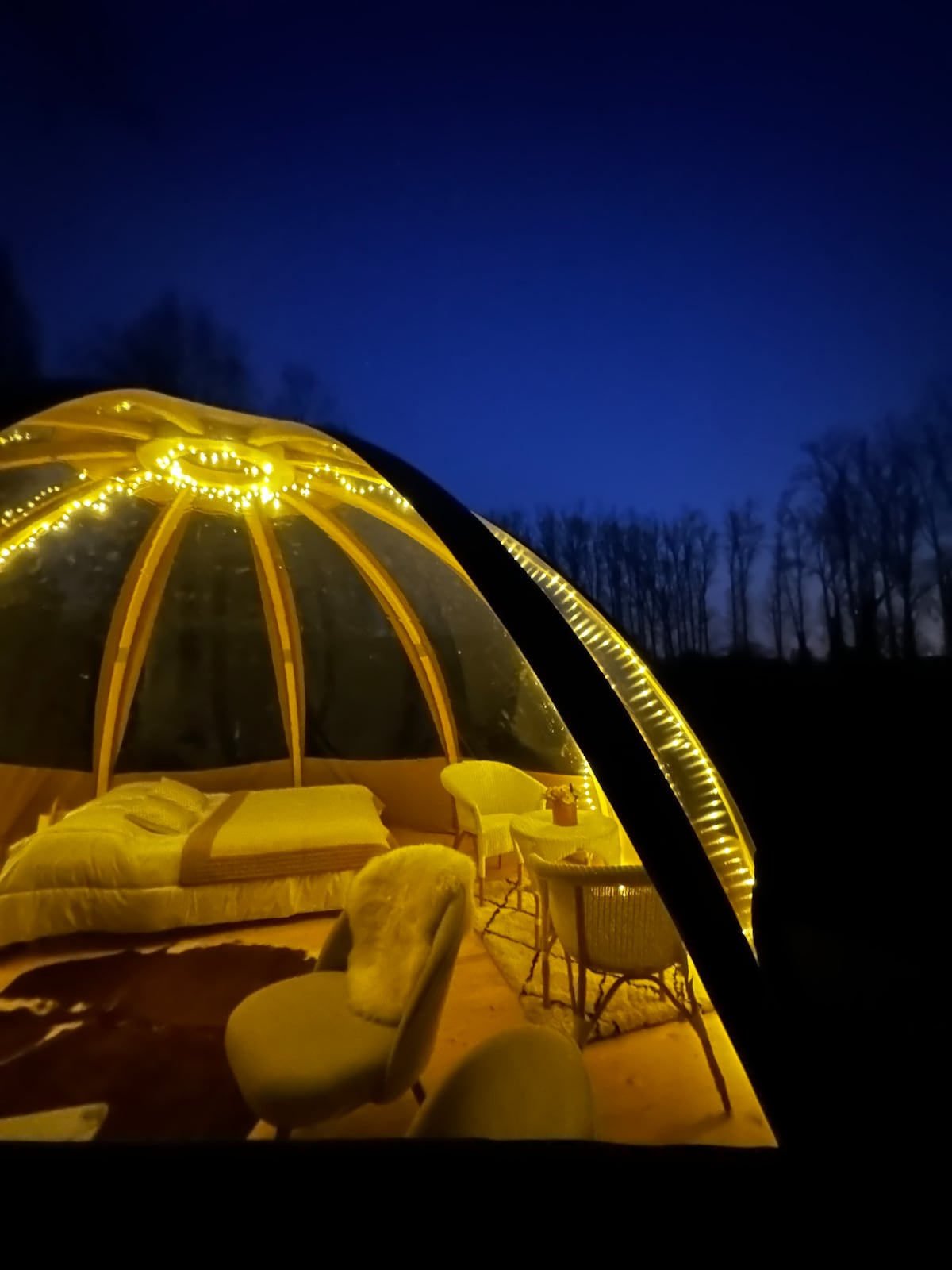 A unique dome structure is softly illuminated with string lights, showcasing a cozy sleeping area and two inviting chairs. The surrounding outdoor nature is silhouetted against a night sky, creating a serene ambiance for relaxation.