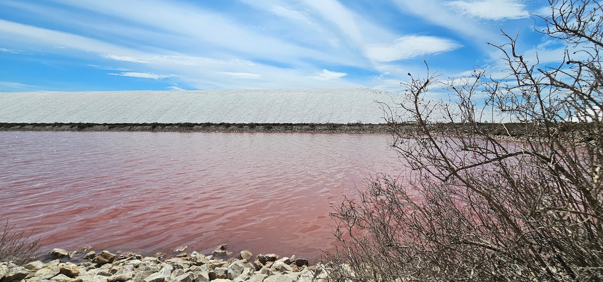 The image captures a tranquil landscape featuring a pink-hued body of water, surrounded by rocky shoreline and sparse vegetation. A distant white structure is visible in the background, contrasting with the vibrant sky streaked with soft clouds.