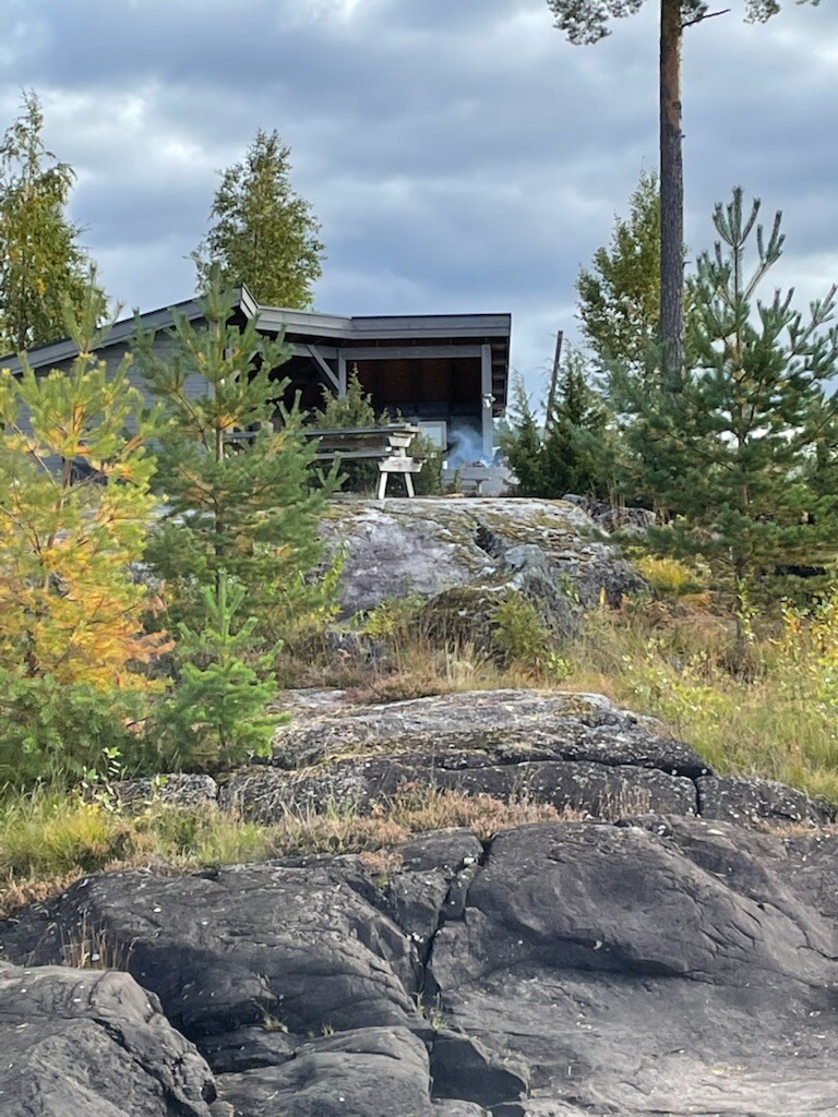A modern cabin is situated atop a rocky outcrop, surrounded by lush greenery and scattered trees. The structure features a covered porch, offering a view of the natural landscape. The scene reflects a tranquil atmosphere with a blend of rock and foliage.