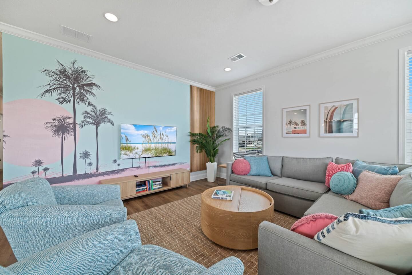 Open-concept living room with beach style furnishings