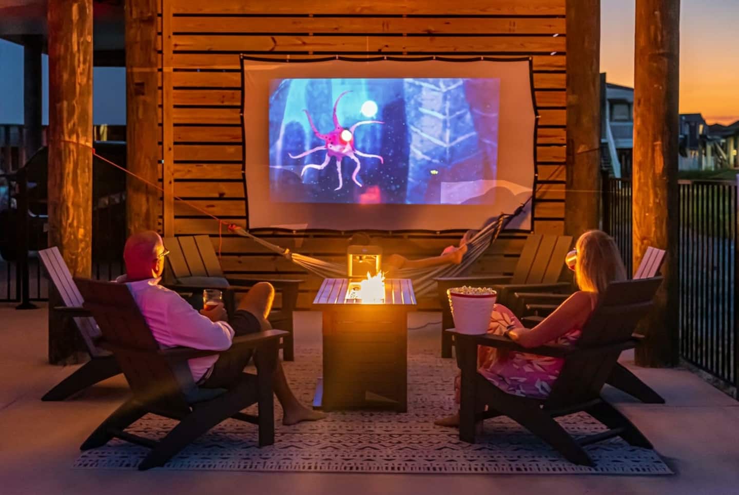 Outdoor movie night with fire pit
