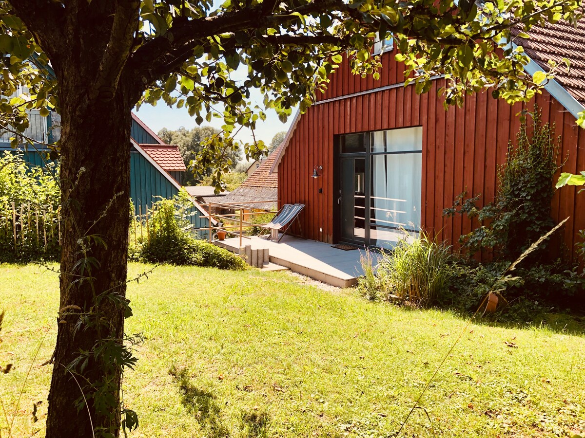 The exterior view captures a vibrant red house with large glass doors leading to a patio. Sunlight filters through the tree branches overhead, highlighting the grassy yard and surrounding vegetation. A comfortable lounge chair is positioned on the patio, inviting relaxation.