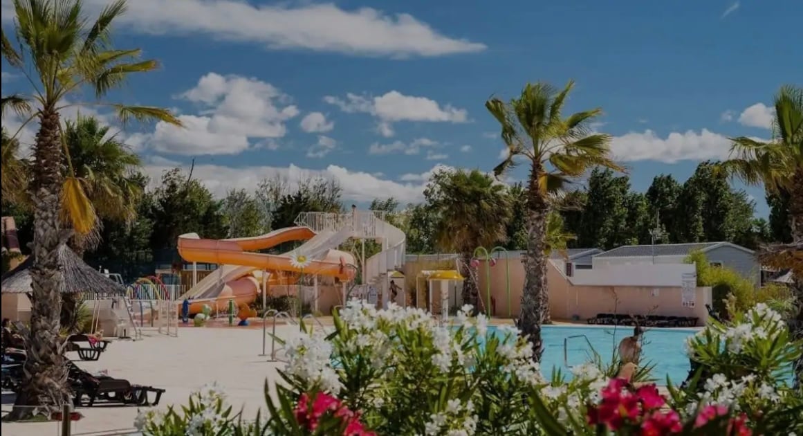The image captures a vibrant pool area, featuring a water slide and play equipment set against a backdrop of palm trees. Colorful flowers line the foreground, enhancing the outdoor atmosphere. Clear blue skies and fluffy clouds are visible above, creating a lively setting.