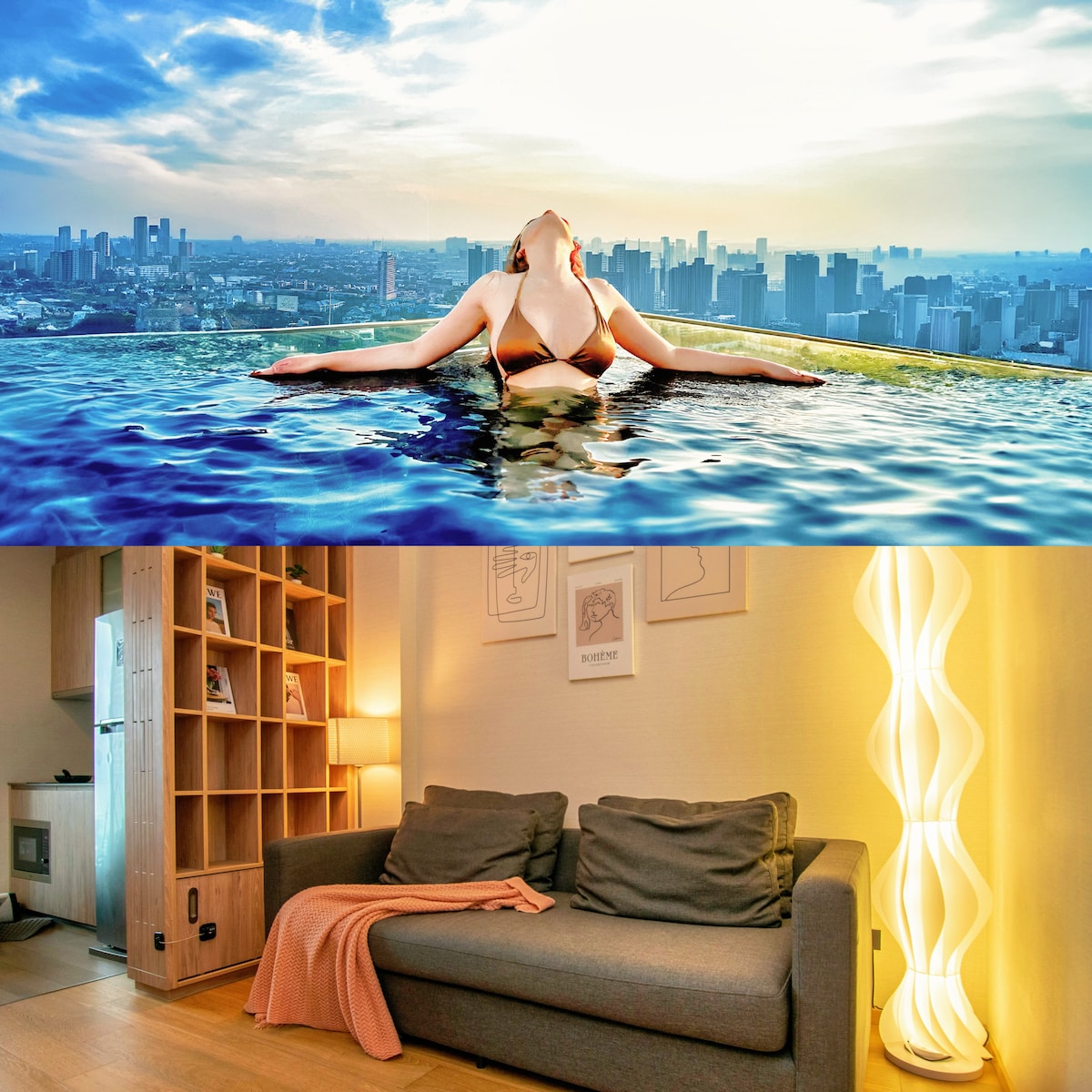 An infinity pool is seen on a high-rise building's rooftop, showcasing a panoramic view of the cityscape below, illuminated by golden sunlight. Below, a modern living space hosts a comfortable couch accompanied by a soft throw blanket, illuminated by a stylish floor lamp.