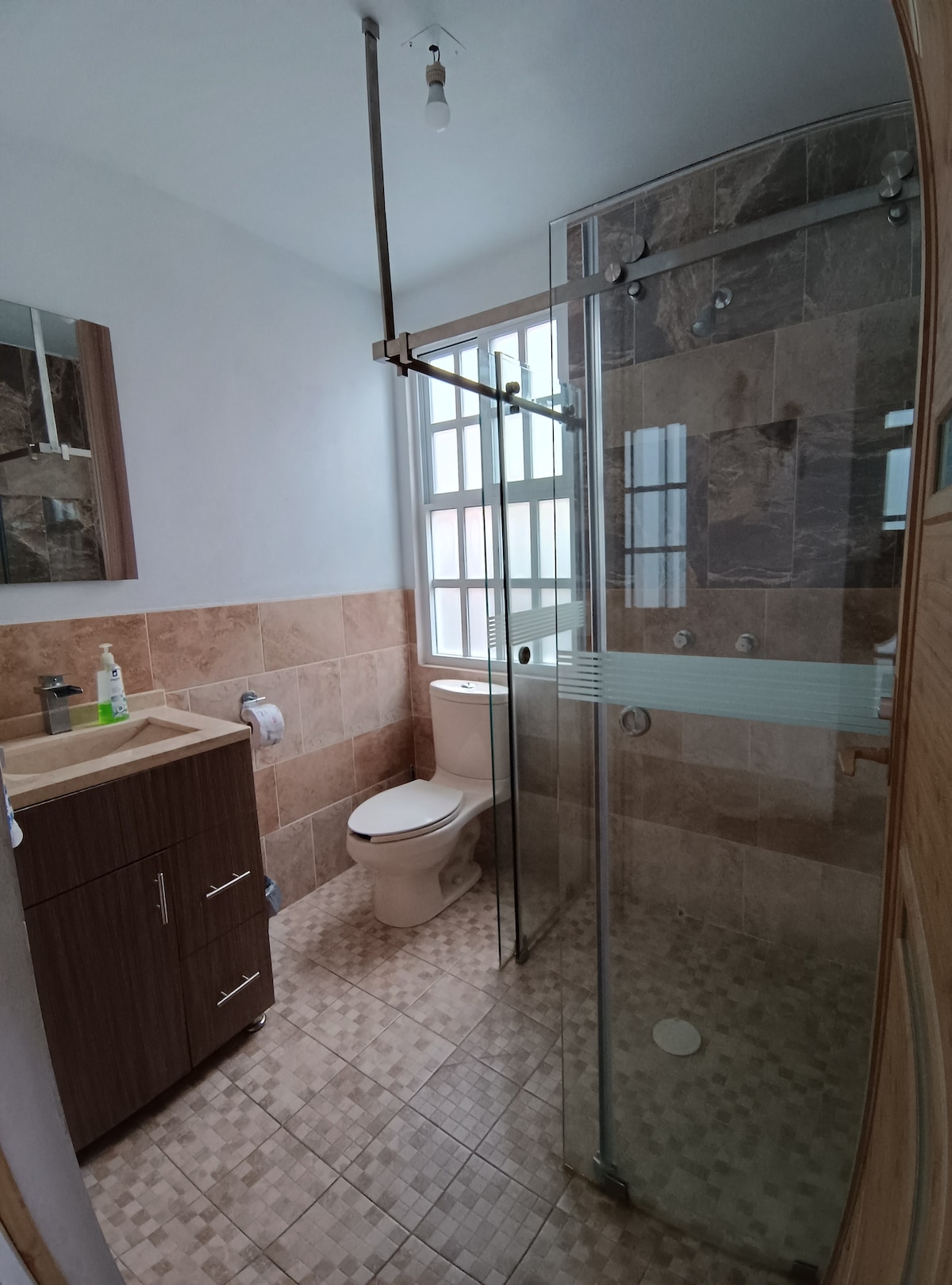 A modern bathroom featuring a transparent shower enclosure with a rainfall showerhead. A sleek vanity with a single sink is paired with a large mirror. Light enters through frosted windows, illuminating the tiled walls and the textured flooring.