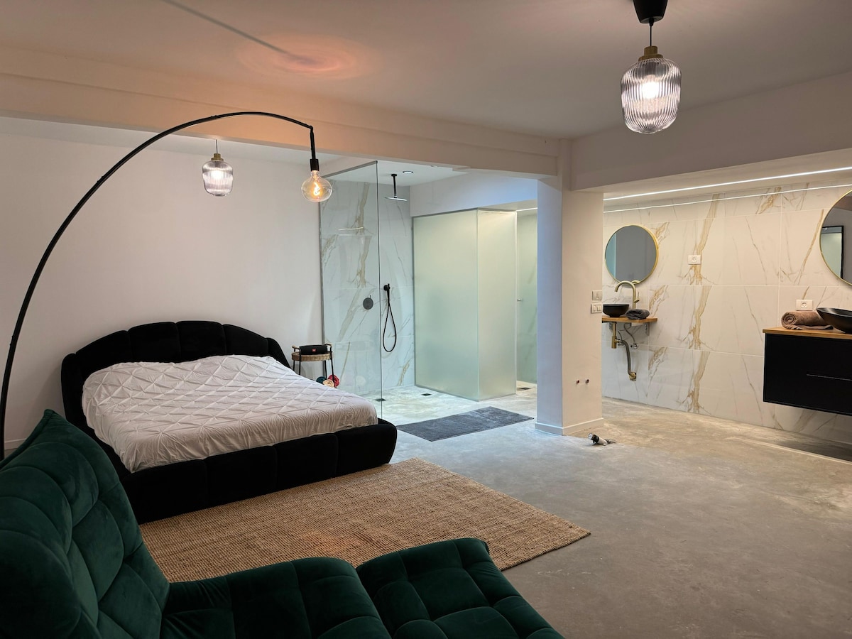 A spacious open layout features a large bed with a black upholstered headboard, complemented by a green sofa. A modern bathroom with a glass shower is visible, along with a round mirror and a sleek vanity. Soft lighting emits from a pendant lamp overhead.