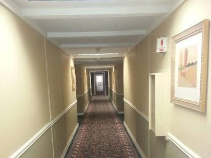 A long hallway is lined with warm-toned walls and features decorative framed artwork. A patterned carpet runs the length of the corridor, leading to a distant doorway that allows light to enter. Subtle lighting fixtures are positioned along the ceiling.