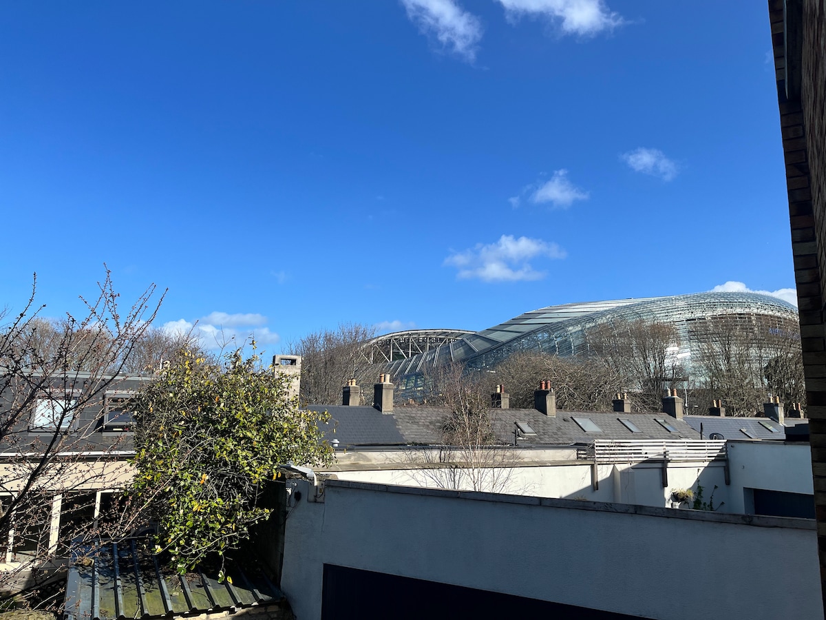 A clear blue sky serves as a backdrop to the iconic Aviva Stadium, prominently visible in the distance. Surrounding rooftops and trees create an urban landscape, with branches and foliage adding a touch of greenery.
