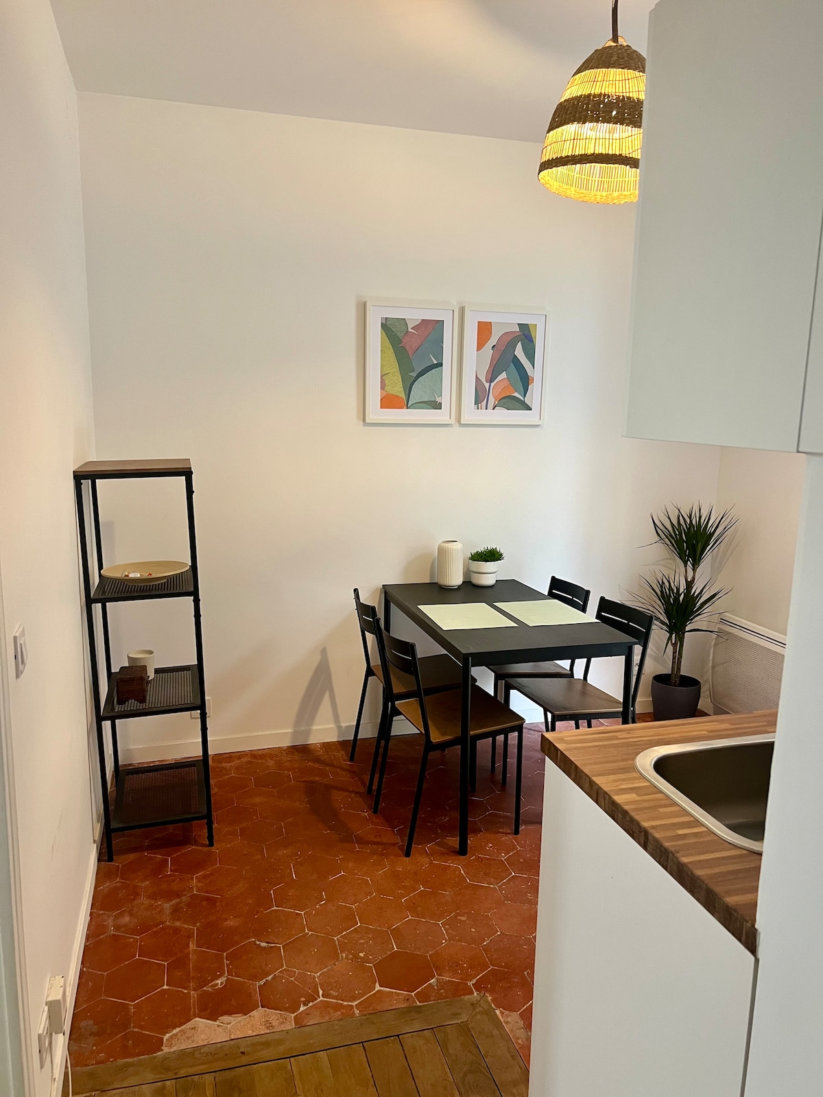 A small dining area is visible, featuring a black table with four chairs. Above the table, two framed artworks adorn the wall. A tall shelving unit stands nearby, holding decorative items. The terracotta floor tiles and potted plant enhance the inviting ambiance.