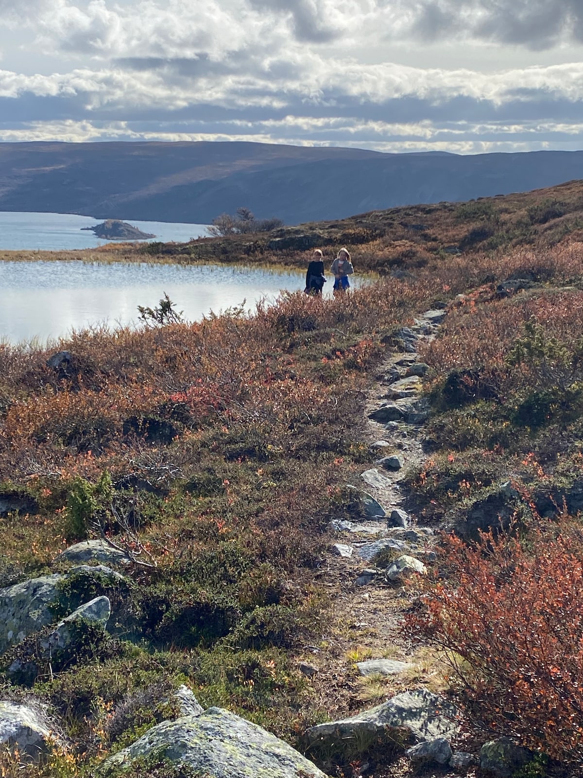 A scenic pathway is seen meandering along the water's edge, bordered by vibrant shrubs and rocky outcrops. Two individuals are walking in the distance, with a view of a tranquil lake and distant mountains under a partly cloudy sky.