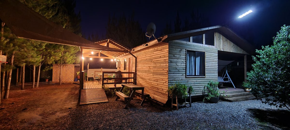 The cabin is illuminated at night, showcasing wooden siding and large windows. An outdoor patio with lighting extends from the cabin, featuring a picnic table and a covered area for dining. Surrounding trees and a gravel path enhance the natural setting.