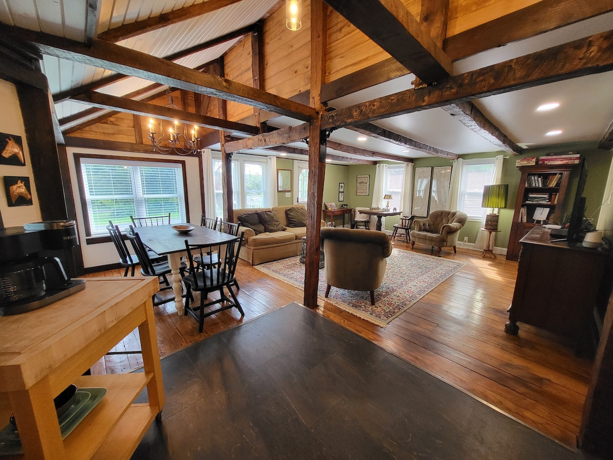 An open living space is featured with wooden beams and large windows allowing natural light. A dining area with a dark wooden table and chairs is positioned alongside a cozy seating arrangement with a sofa and armchair. A subtle rug covers the hardwood floor.