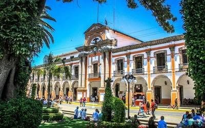 A historic building with a prominent facade features grand columns and archways. Lush greenery surrounds the structure, contributing to a vibrant atmosphere. The scene is filled with visitors enjoying the outdoor space, while the blue sky above enhances the charm of the location.