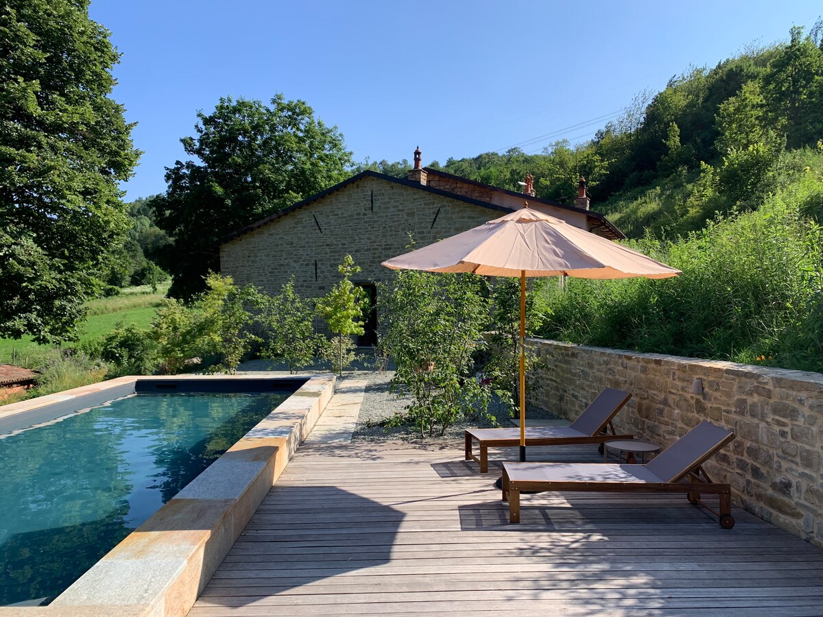 A tranquil outdoor pool area is surrounded by lush greenery and features two sun loungers adjacent to a large umbrella. A rustic stone building is visible in the background, set against a clear blue sky and gentle hills.