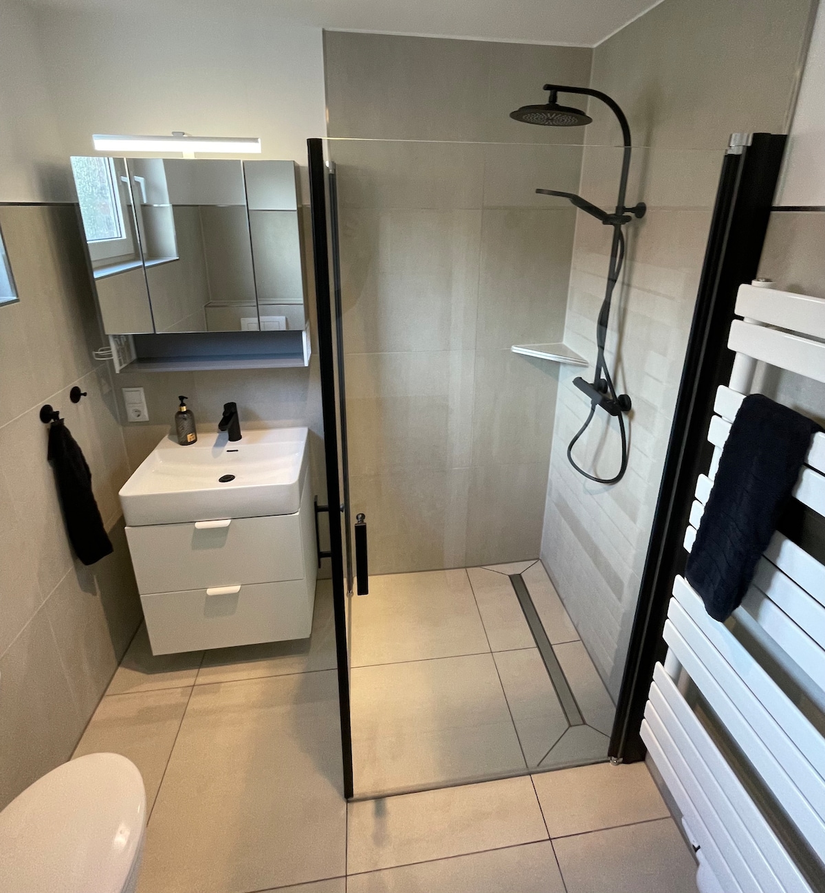 A modern bathroom features a glass-enclosed shower with a rain showerhead. A sleek, white vanity with storage is positioned beside a large mirror. Towel bars hold two dark towels, and a white heated towel rack is mounted on the wall, creating a clean and functional space.