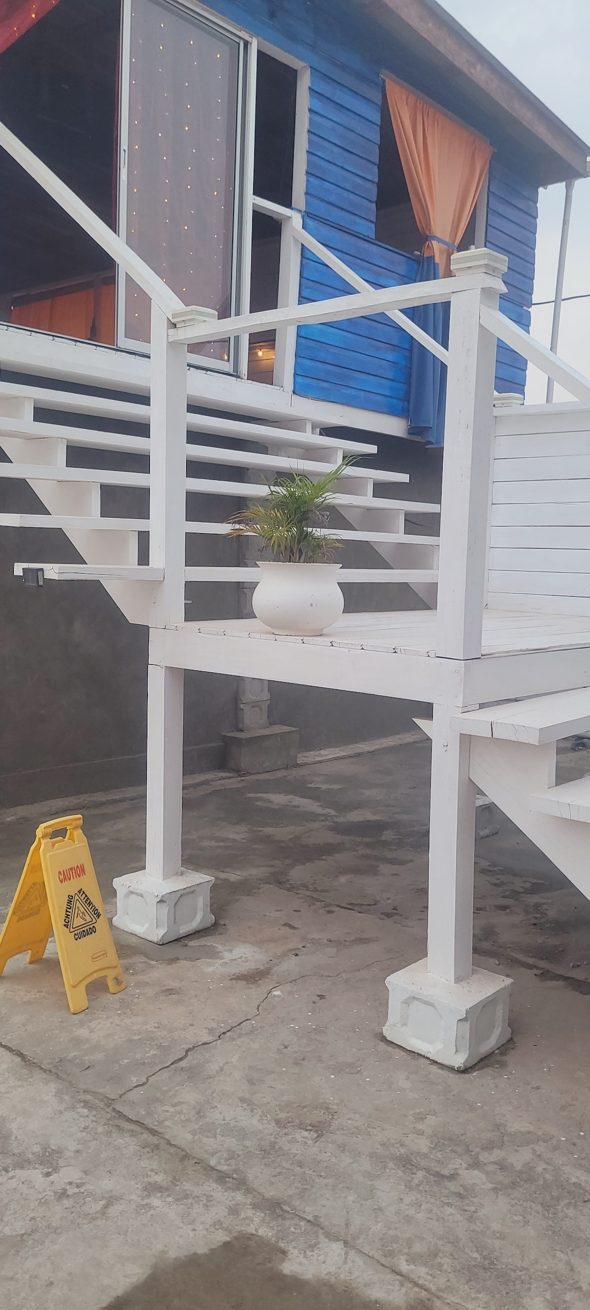 A clean entrance area is visible, featuring white wooden steps leading up to a blue building. A small potted plant adds a touch of greenery at the top of the steps. A caution sign is positioned on the ground, indicating wet conditions.