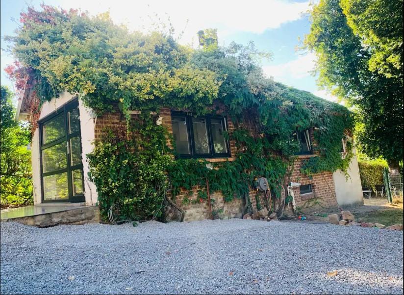 A charming cottage is enveloped in lush greenery, with a rustic brick exterior partially covered by climbing plants. Large windows allow natural light to fill the interior, while a gravel pathway leads to the entrance, inviting guests to explore the serene surroundings.