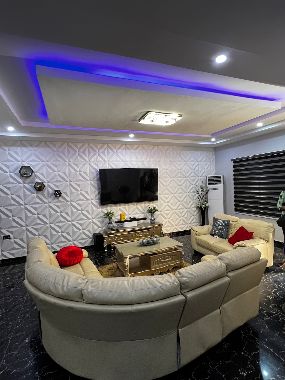 A modern living area features a stylish leather sofa arranged in a semi-circle. A flat-screen TV is mounted on a textured white wall, complemented by dimmable ceiling lights that enhance the cozy ambiance. Decorative accents include potted plants and a coffee table.