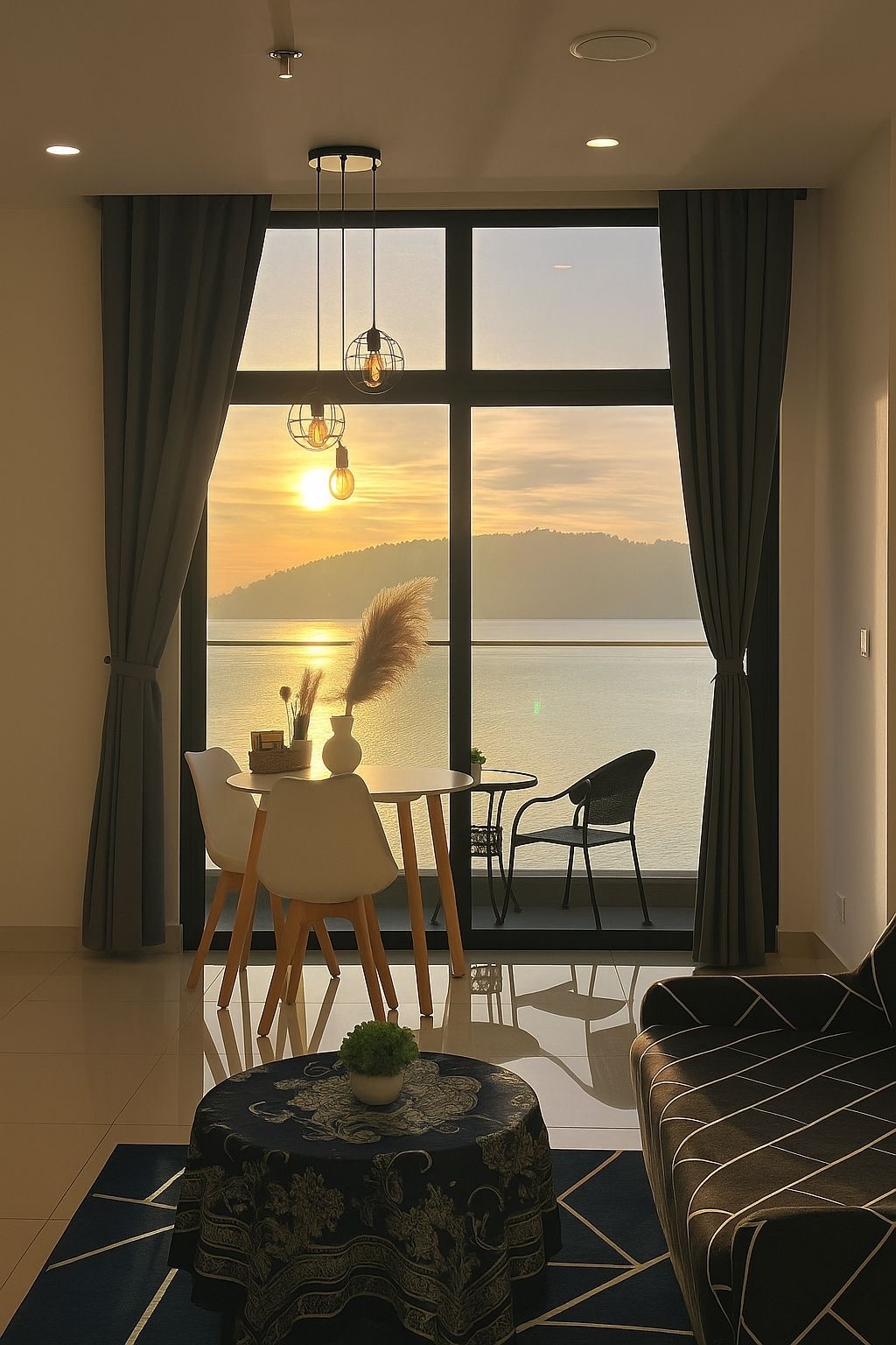 A modern living area features large windows showcasing a serene sunset over the water. A dining table is accompanied by four chairs, while a small balcony with a bistro set is visible. Decorative plants and soft furnishings enhance the inviting atmosphere.