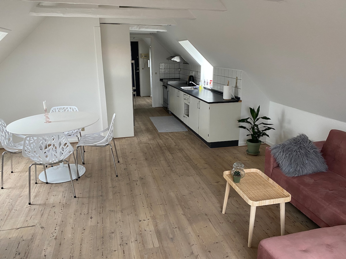 An open living area features light wooden floors and sloped ceilings. A round dining table with white chairs is positioned near a kitchenette, which includes basic appliances. A soft pink sofa with a textured cushion complements a small wooden coffee table, while a potted plant adds a touch of greenery.