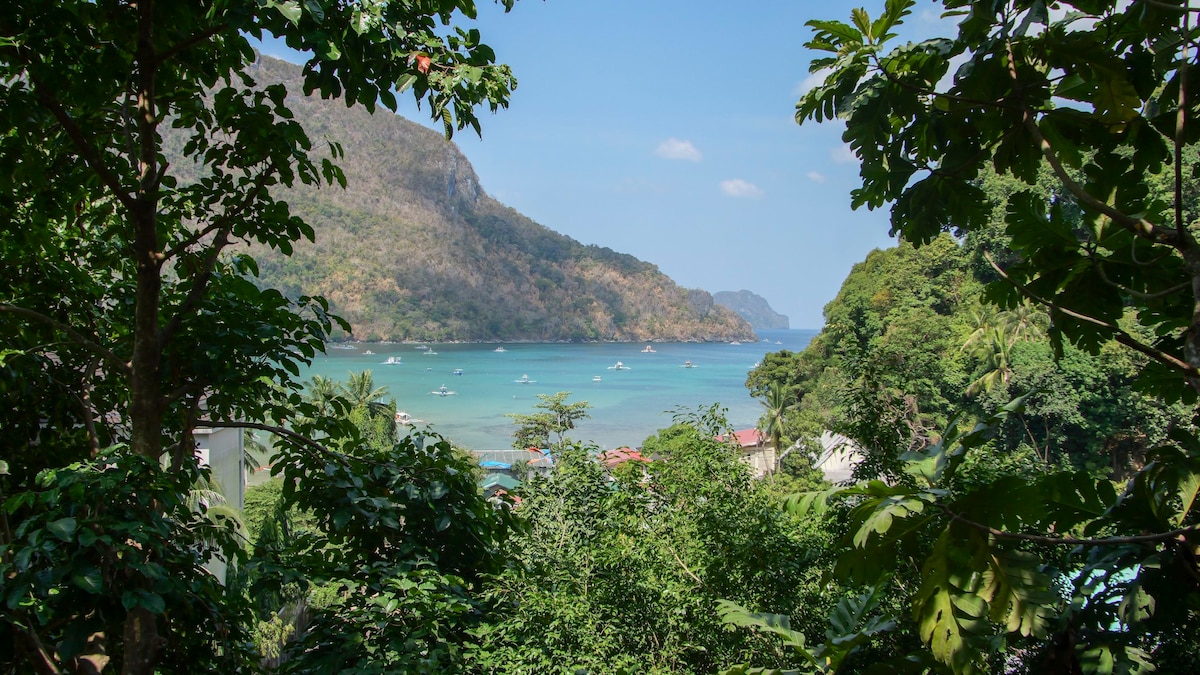 A serene view of the coastline is framed by lush greenery, with gentle waves visible in the turquoise sea. Small boats can be seen in the water, while distant mountains provide a picturesque backdrop under a clear blue sky.