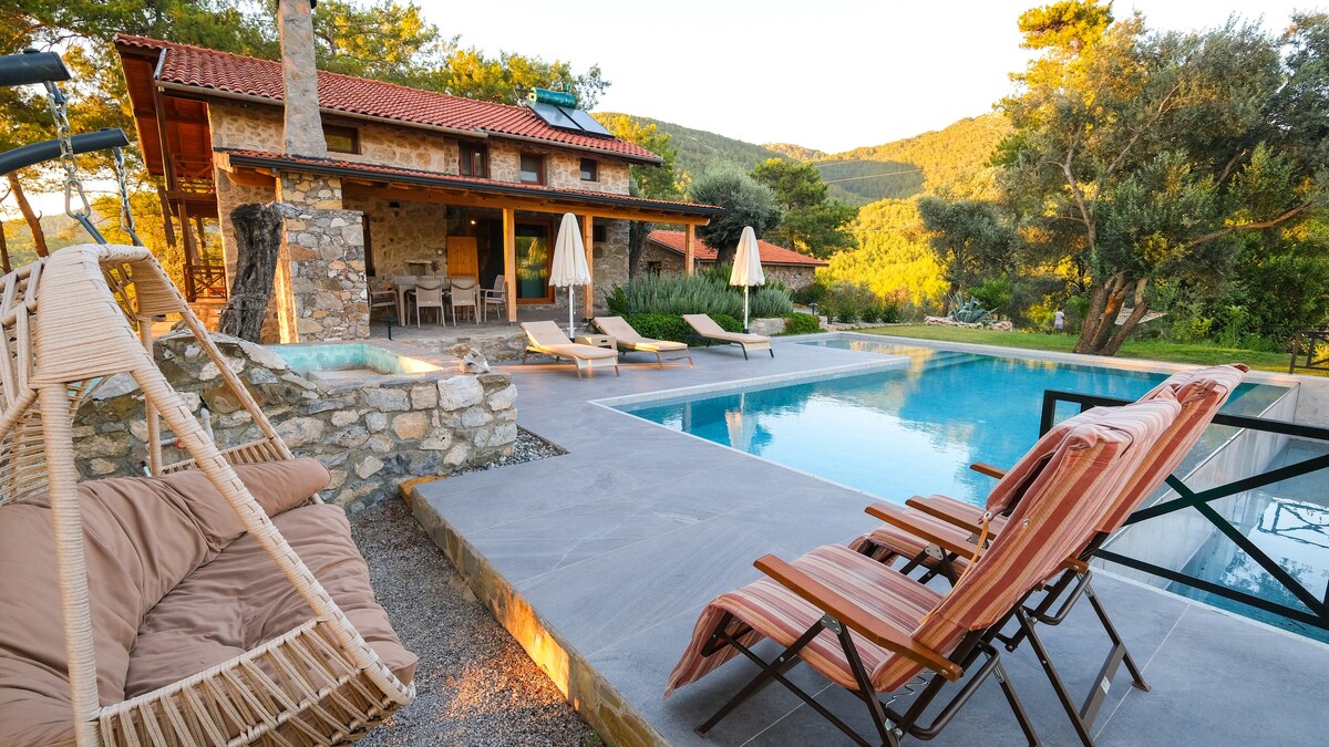 An outdoor area is depicted featuring a heated swimming pool surrounded by lounge chairs. A hammock and a small seating arrangement are visible near the pool, alongside a stone structure with a rustic charm and umbrellas providing shaded spots. Lush greenery is present in the background.