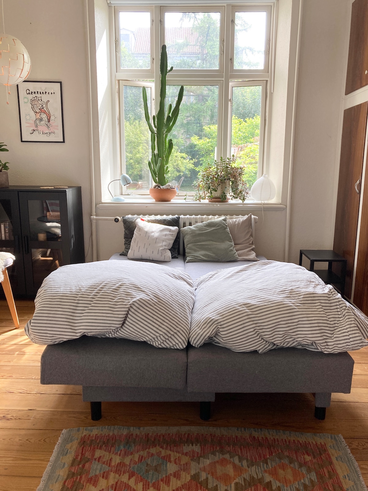 A spacious bed is dressed in a striped duvet with decorative pillows arranged thoughtfully. Natural light enters through a large window, highlighting a potted cactus and green plants on the windowsill. Wooden flooring and a colorful area rug add warmth to the space.