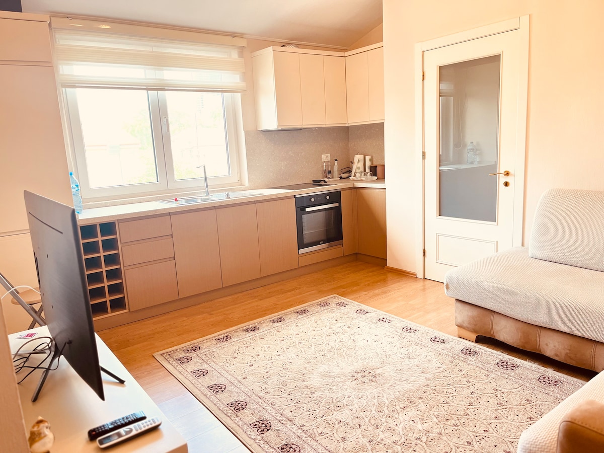 A bright kitchen area is visible, featuring modern cabinetry, a built-in oven, and a wine rack. Natural light filters through the large window, illuminating the space. A comfortable sofa and a decorative rug enhance the inviting atmosphere of the living space.