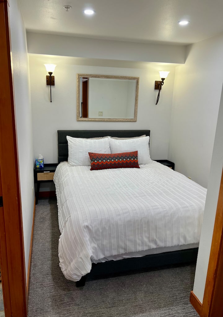 Queen bed in Den area. All lights are on dimmers. 