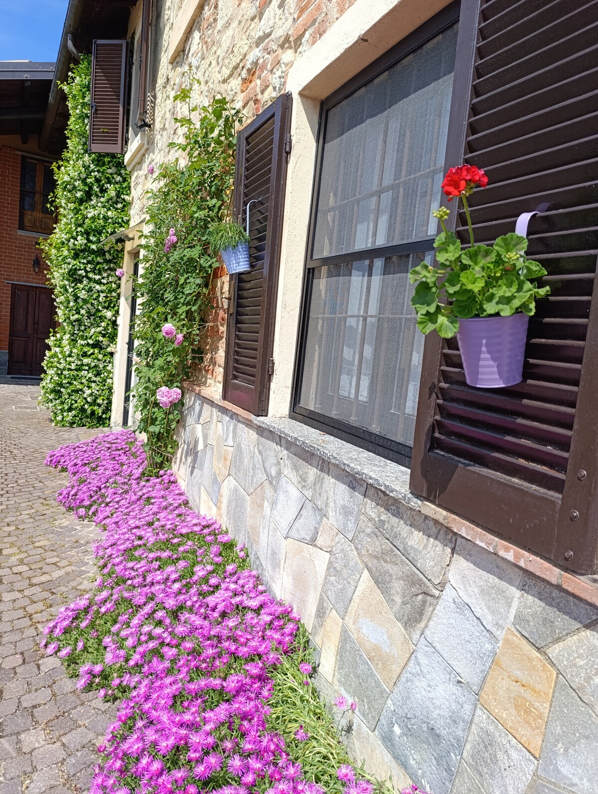 A charming exterior showcases a stone wall adorned with vibrant pink flowers lining the pathway. Dark wooden shutters frame the window, while a red geranium in a planter adds a pop of color beside it. Lush greenery is visible in the background, enhancing the inviting atmosphere.