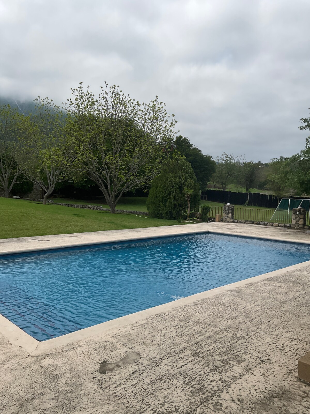 A clean swimming pool is framed by a spacious patio. Lush green trees and grassy areas surround the pool, creating a serene outdoor environment. The sky is overcast, adding a soft light to the scene.