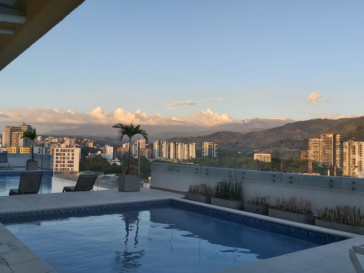 A rooftop pool area showcases a tranquil setting, with water reflecting the surrounding skyline and distant mountains. Lush planters add greenery to the space, enhancing the relaxing atmosphere. Soft clouds drift across a blue sky, highlighting the urban landscape.