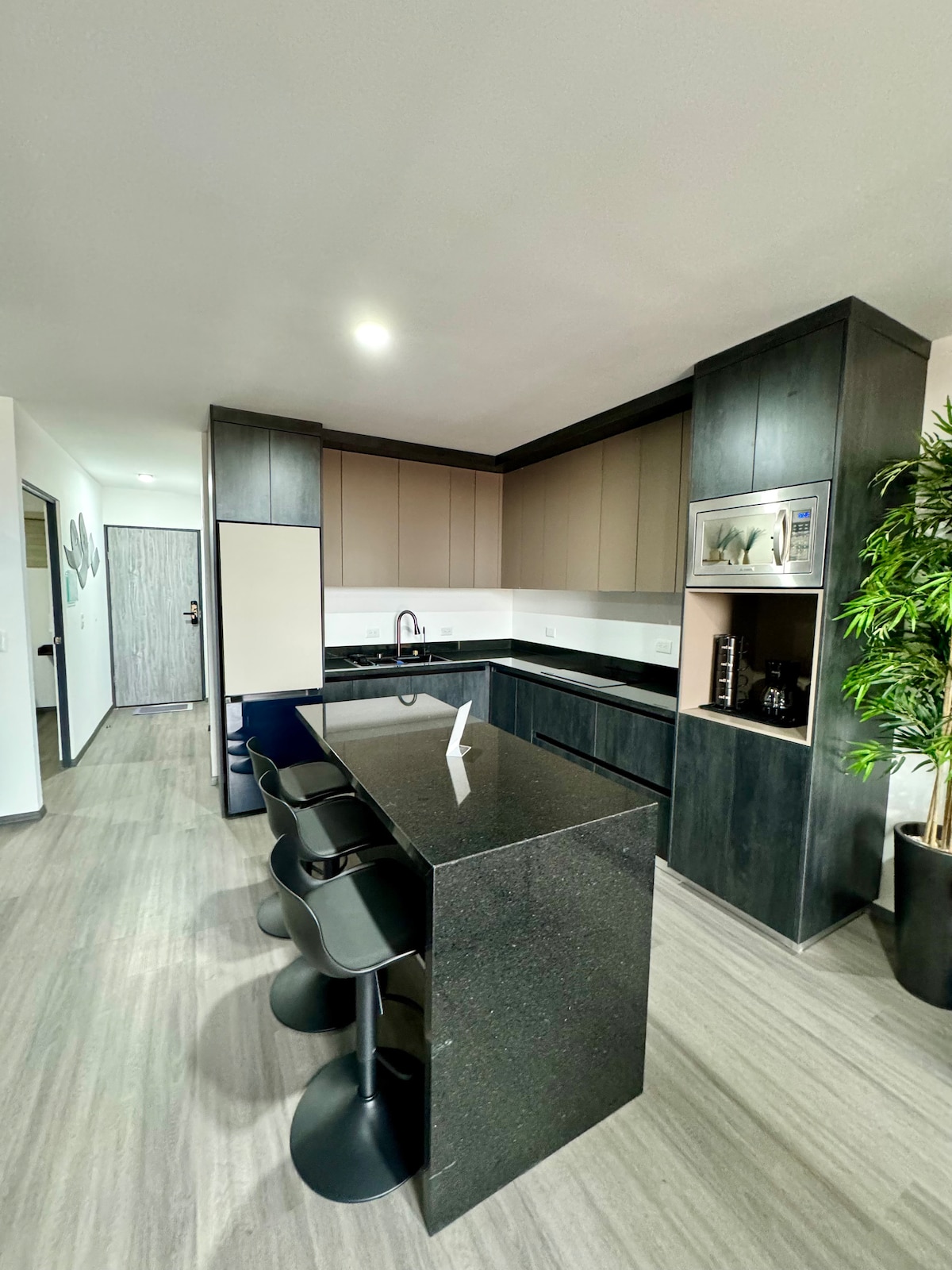 A modern kitchen features sleek dark cabinetry and a spacious black countertop. Bar stools provide seating at the island, while an ideal layout enhances functionality. Neutral tones and a decorative plant add a touch of warmth to the contemporary design.