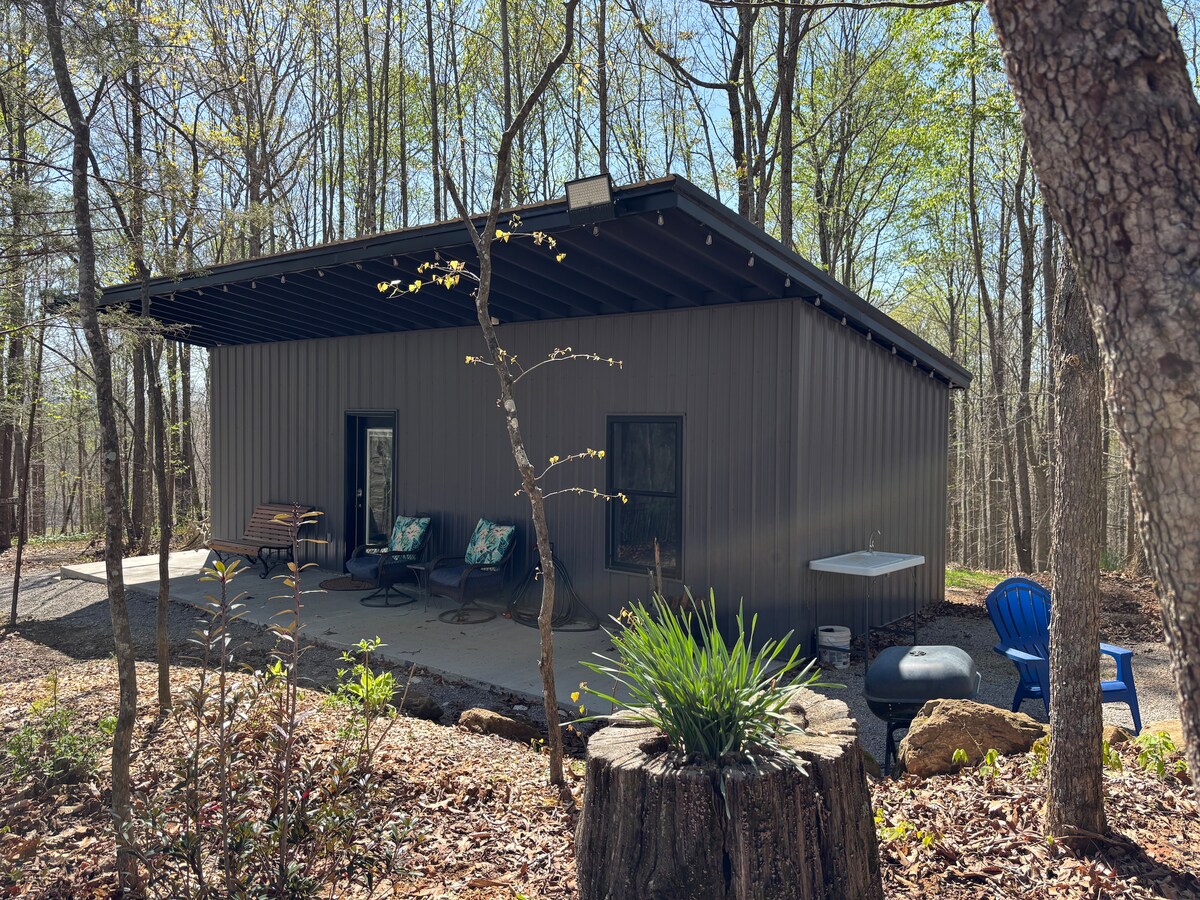 The cabin is nestled among dense woods, featuring a covered porch with seating arrangements. A grill is positioned nearby, and a small table is set for outdoor dining. The natural surroundings include tree trunks and native plants, enhancing the secluded feel of the property.