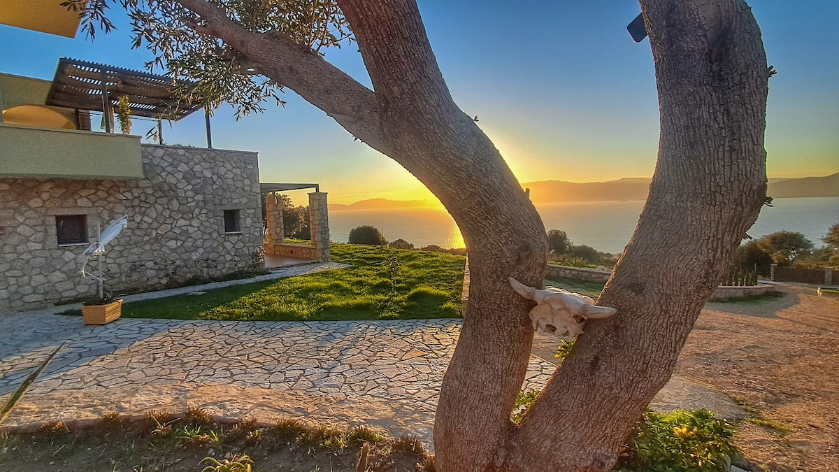 A tree with textured bark stands prominently in the foreground, while the apartment is seen in the background. The sun sets over the Ionian Sea, illuminating the vibrant sky with warm hues. A spacious patio area features natural stone flooring, enhancing the outdoor ambiance.
