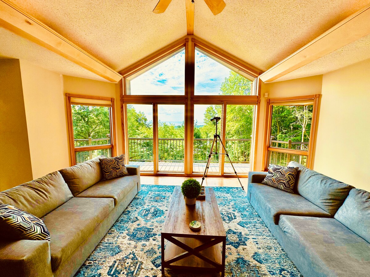 A bright living area is presented, featuring two comfortable sofas positioned around a wooden coffee table. Floor-to-ceiling windows offer expansive views of the surrounding trees and outdoor deck. A decorative plant sits on the coffee table, adding a touch of greenery to the space.