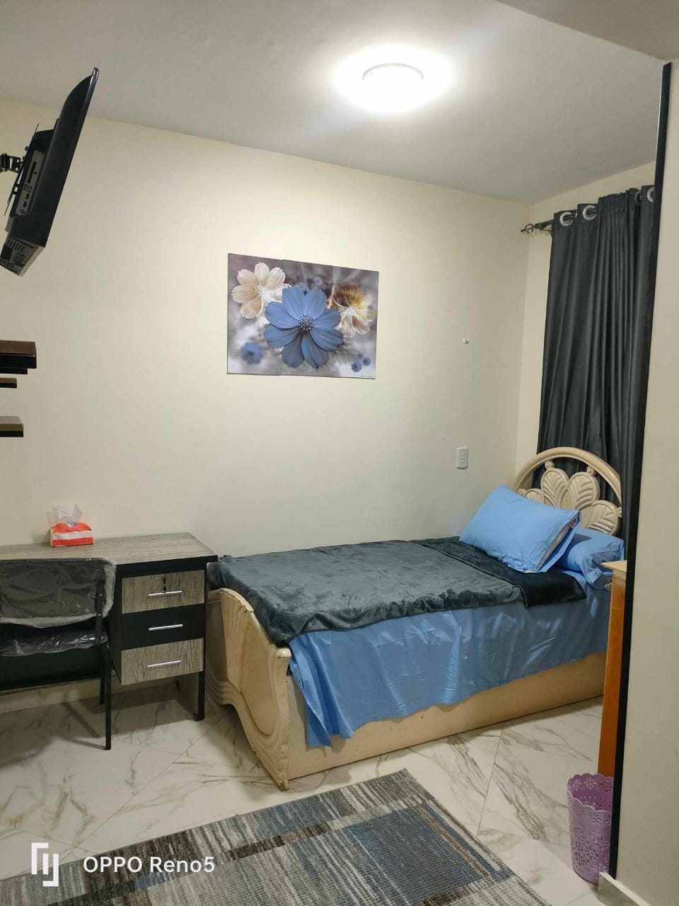 A small studio features a single bed dressed in blue linens, positioned against a neutral wall adorned with a floral artwork. A wall-mounted television is visible above a desk and chair, while a wastebasket sits on the floor. Curtains frame the window, adding privacy.