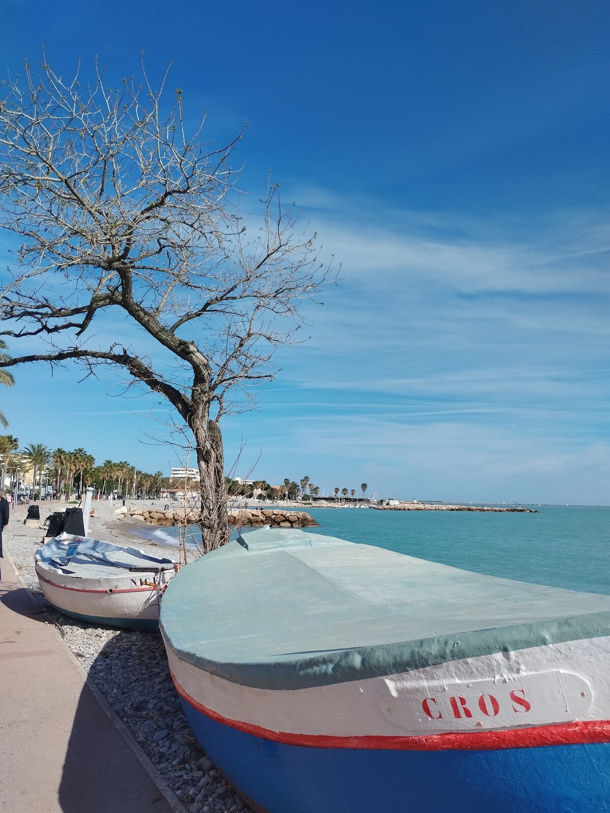 Two fishing boats are moored along a promenade lined with a palm tree, the tranquil blue water of the sea visible in the background. A sandy beach can be seen in the distance under a clear sky, enhancing the coastal scenery.