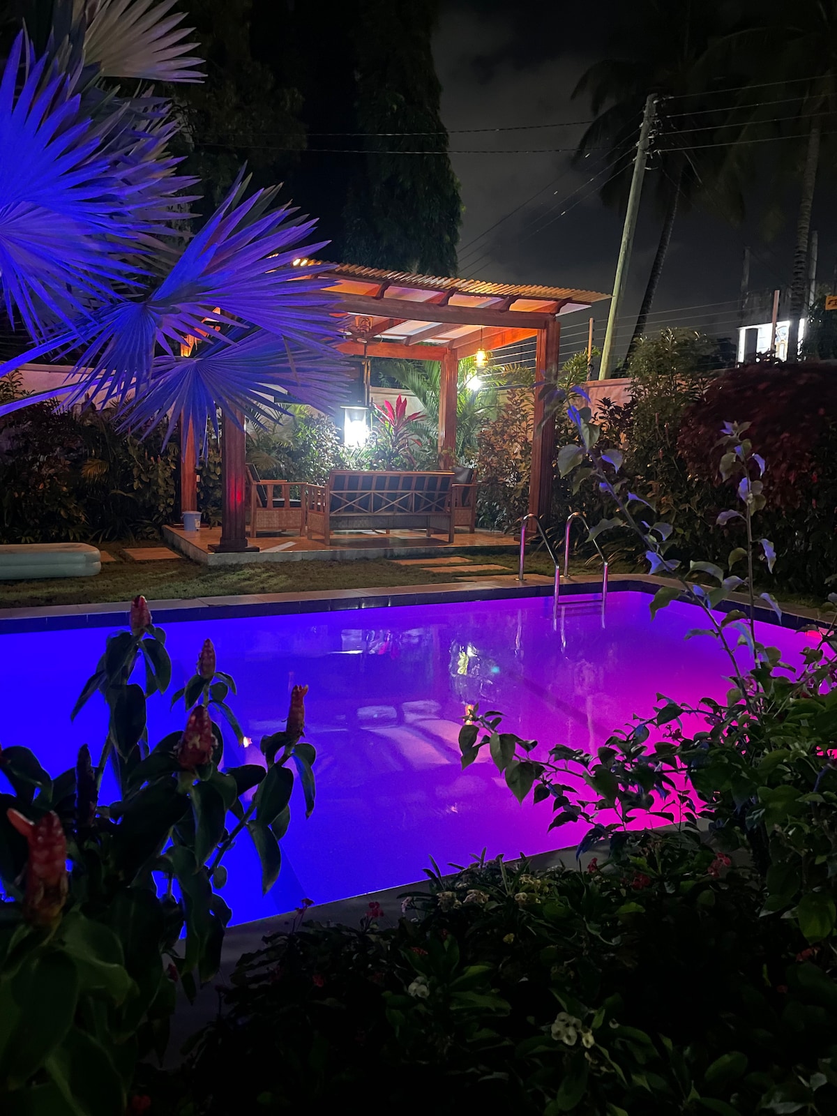 A serene swimming pool is illuminated in vibrant shades of purple and blue, surrounded by lush greenery and tropical plants. A wooden gazebo is visible in the background, featuring seating that invites relaxation in the evening ambiance.