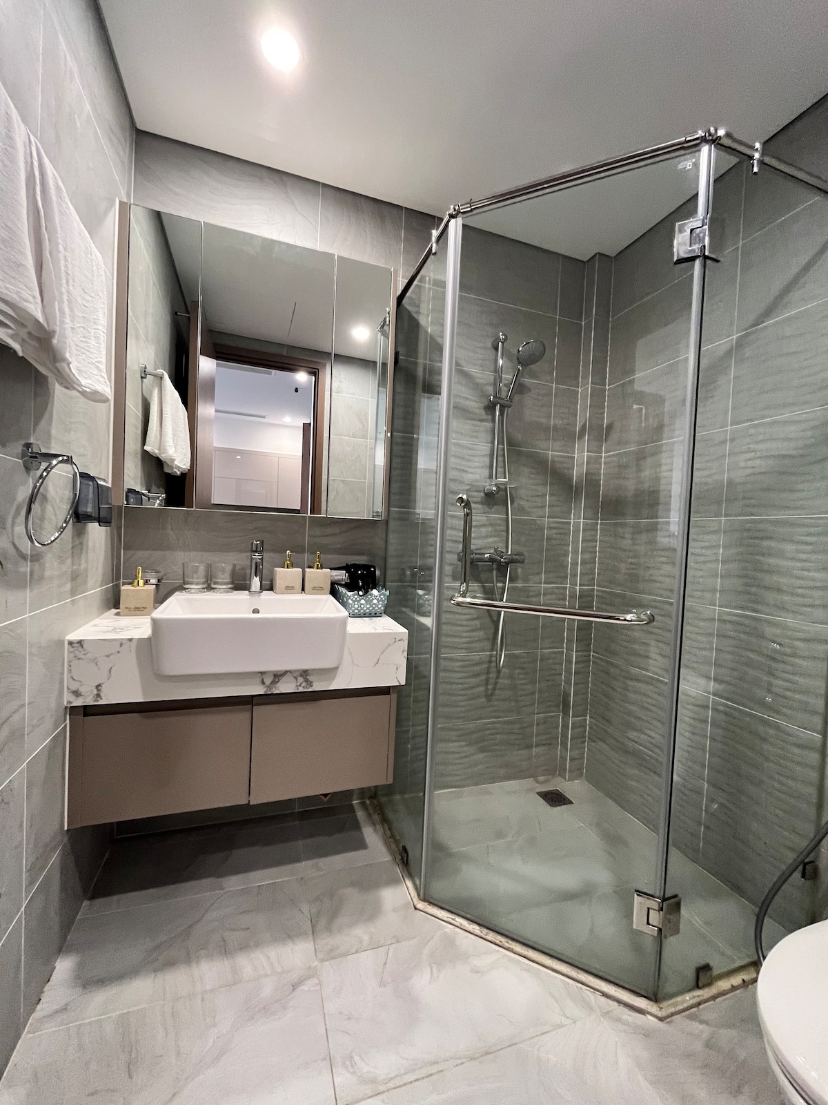 The modern bathroom features a glass-enclosed shower with dual showerheads and a sleek marble sink. A large mirror reflects the contemporary design, complemented by neutral-colored tiles. Personal care amenities are organized neatly on the counter, adding functionality to the space.