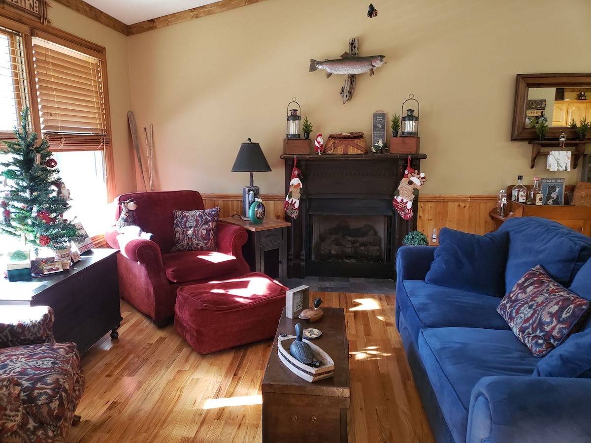 Muebles cómodos, chimenea de gas, truchas arcoíris de la propiedad en Hemptown Creek.