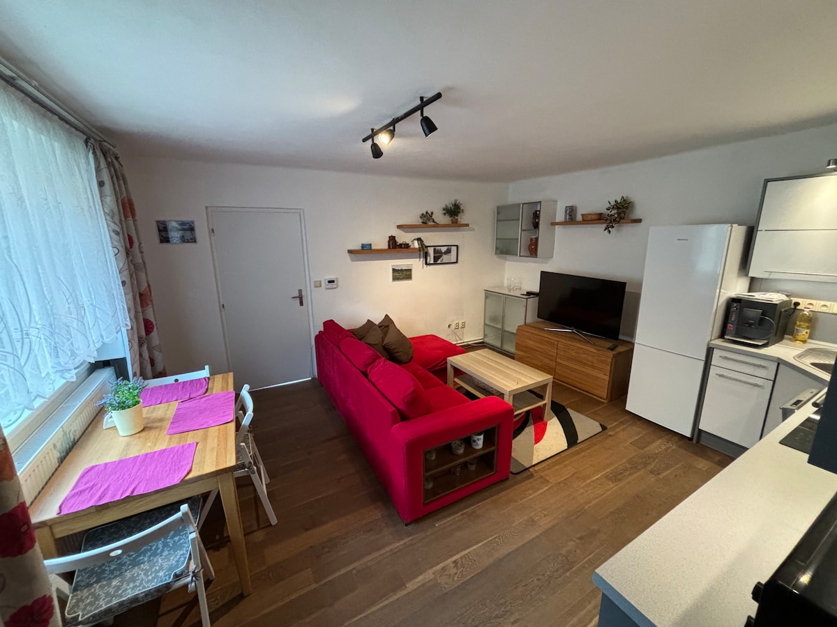 A cozy living area features a red sofa facing a wooden media console with a television. Two wooden dining tables are placed near a large window draped with light curtains. Shelves above display decorative items, while a well-equipped kitchen is visible in the background.
