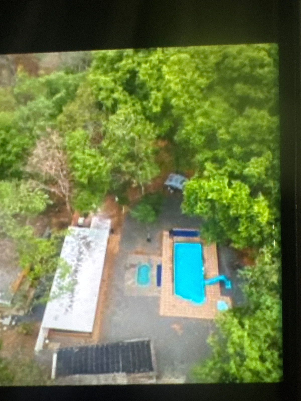 An aerial view showcases a spacious property surrounded by lush greenery. A long swimming pool with a wooden deck is visible, along with a separate hot tub nearby. The main building features a flat roof and is nestled amongst the trees.