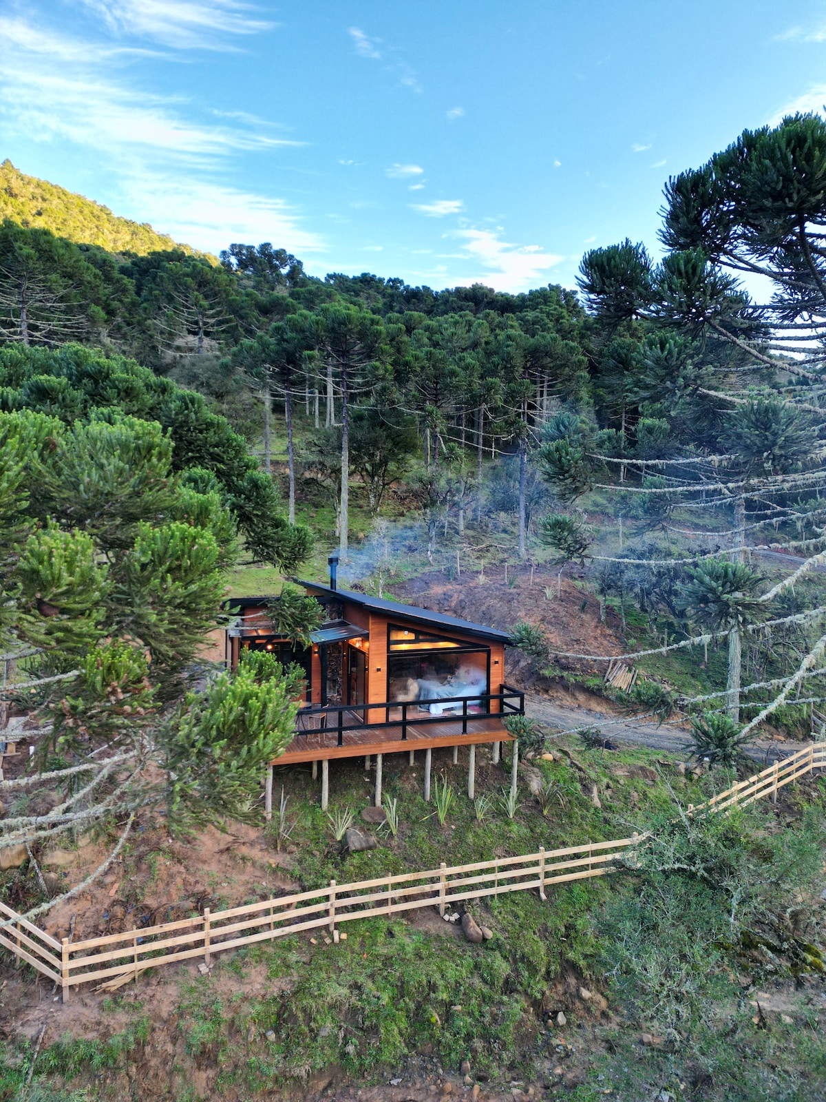 A modern cabin is positioned among tall trees on a hillside. Large windows offer views of the surrounding natural landscape. A wooden deck extends around the cabin, providing outdoor space. The area is complemented by a wooden railing and a backdrop of lush greenery.