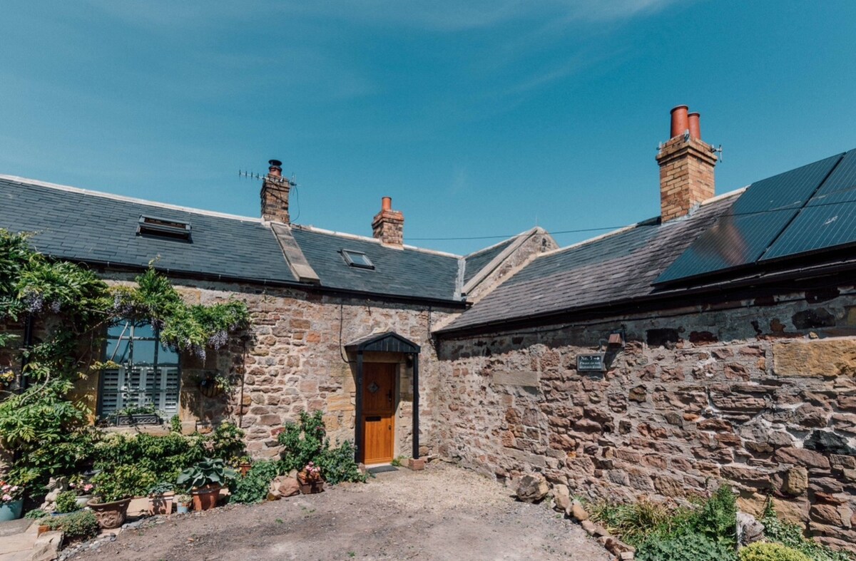 The exterior of the stone cottage is prominently displayed, showcasing traditional architecture with a sloped roof and two chimneys. Lush greenery and potted plants enhance the entrance, inviting guests with its rustic charm. The sunlit sky creates a warm atmosphere around the property.